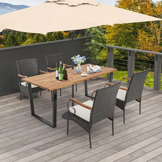 Costway 5 Quantity Patio Rattan Dining Set Umbrella Hole Poolside Backyard, HW70833-4+HW70840