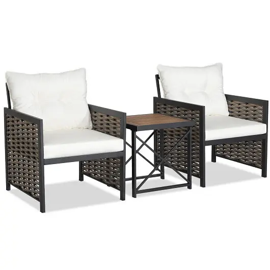 Costway 3 Quantity Patio Rattan Furniture Set Acacia Wood Tabletop, Off-White, HW70686WH