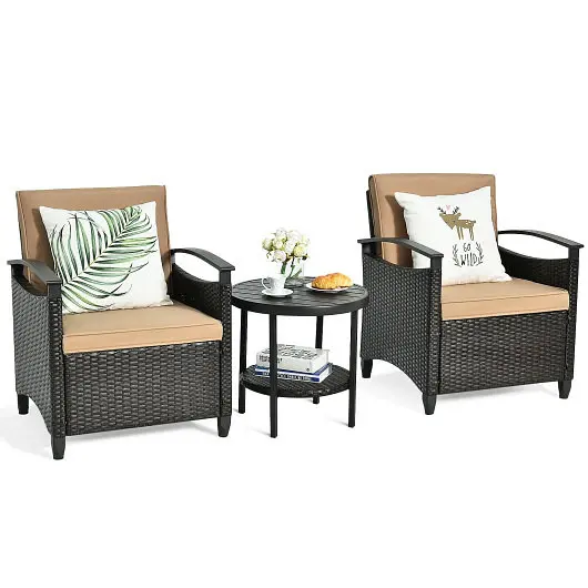 Costway 3 Quantity Patio Rattan Furniture Set Cushioned Sofa Storage Table Shelf Garden, HW64401