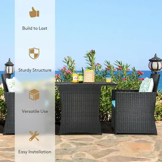 Costway 3 Quantity Patio Rattan Furniture Set Cushion and Sofa Armrest, Turquoise, HW68178TU