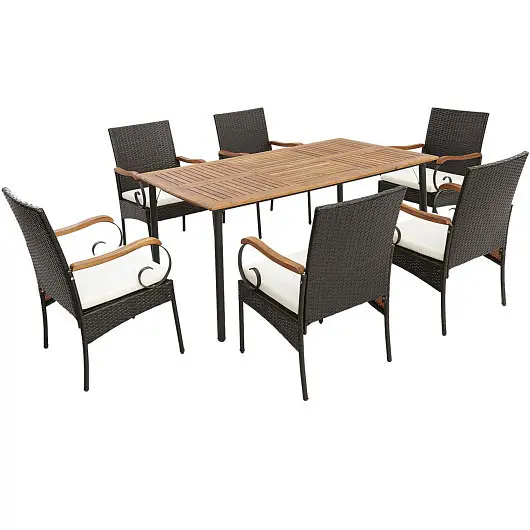 Costway 7 Quantity Patio Wicker Dining Set Detachable Cushion and Umbrella Hole, HW70833-2+HW70833-4+KC55629