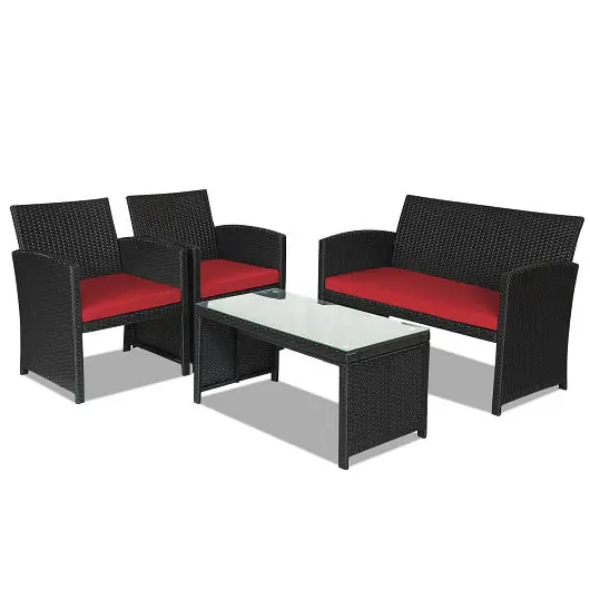 Costway 4 Quantity Rattan Patio Furniture Set Weather Resistant Cushions and Tempered Glass Tabletop, Scarlet, HW63239RE