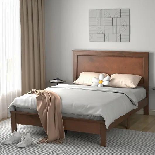 Costway Queen Size Bed Frame Platform Slat High Headboard Bedroom Elastomer Wood Leg, Walnut, HU10440WN-Q