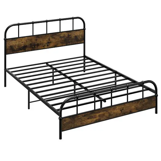 Costway Queen Size Industrial Metal Platform Bed Frame Headboard Mattress Foundation, HU10521CF-Q