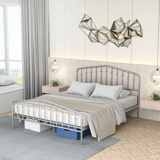 Costway Queen Size Metal Bed Frame Platform Headboard and Footboard Storage, Silver, HW68539SL