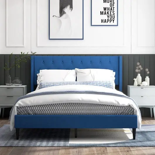 Costway Queen Size Upholstered Platform Bed Button Tufted Wingsupport Headboard, Azure, HU10570BL-Q