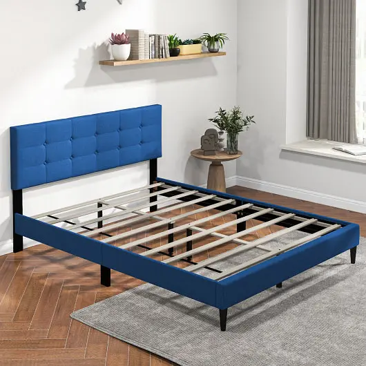 Costway Queen Size Upholstered Platform Bed Button Tufted Headboard, Blue, HU10569BL-Q