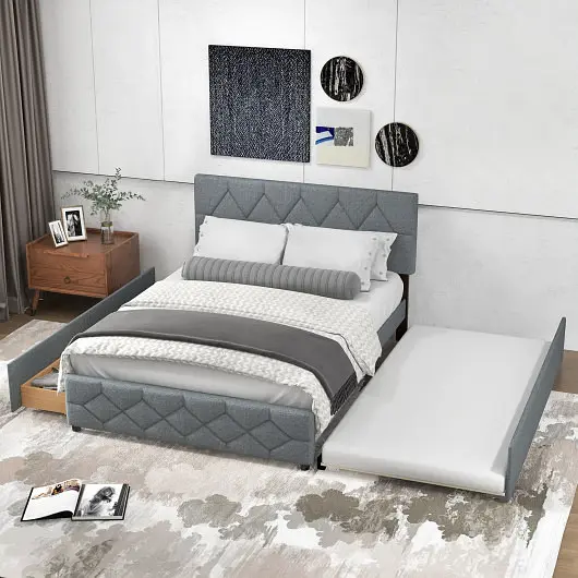 Costway Queen Upholstered Platform Bed Trundle and 2 Drawers No Box Spring Needed Noise Free, Gunmetal, HU10656GR+