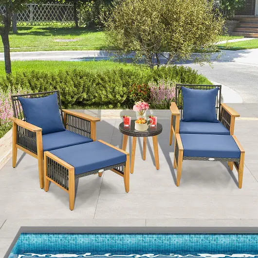 Costway Quick 5 Piece Patio Furniture Set Coffee Table and 2 Ottomans, Navy, HW71618NY+