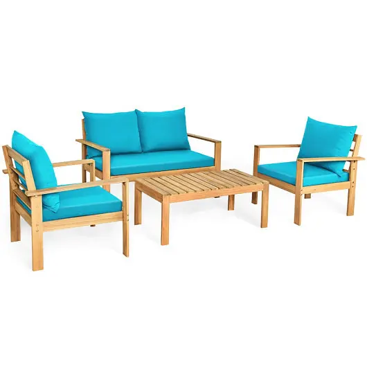 Costway Quick-Connect Outdoor 4 Pieces Acacia Wood Chat Set Water Resistant Cushions, Turquoise, HW64146TU+