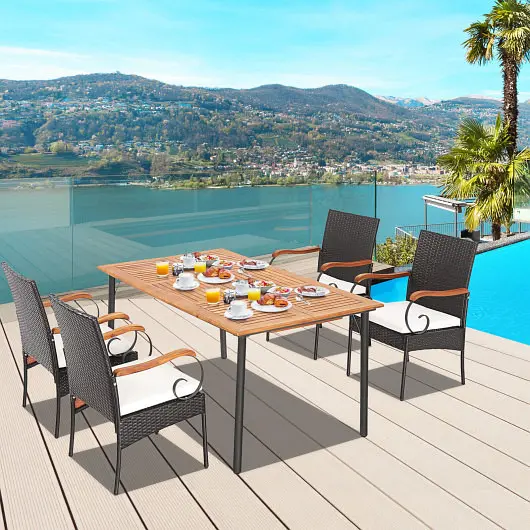 Costway Quick-Connect 5 Pieces Patio Wicker Dining Set Detachable Cushion and Umbrella Hole, HW70833-4+KC55629