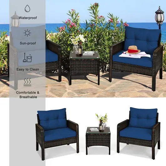 Costway Quick-Release 3 Pieces Outdoor Patio Rattan Conversation Set Seat Cushions, Navy, HW68639NY