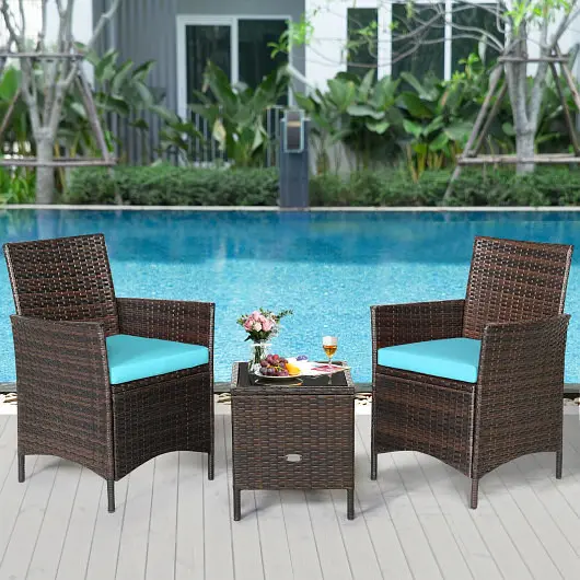 Costway Rapid 3 Pieces Patio Rattan Furniture Set Cushioned Sofa and Glass Tabletop Deck, Blue, HW67050LB
