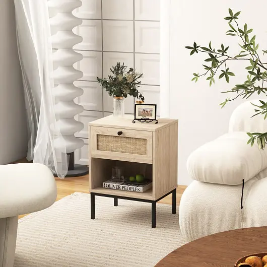 Costway Rattan Nightstand Boho End Table Rattan Drawer & Open Shelf, Oak, JV11420OK
