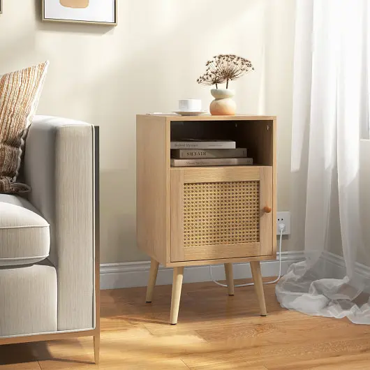 Costway Rattan Nightstand Charging Station Bedside Table USB Ports and PE Rattan Door, Bare, JV10924US-OA