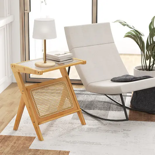 Costway Ready-to-Use Boho End Table Magazine Rack and Tempered Glass Top, Natural, JV11091NA