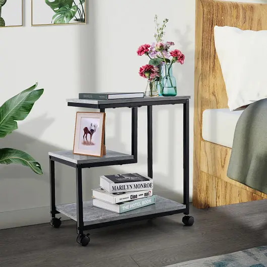 Costway Recyclable 3-Tier Side Table Storage and Universal Casters Living Room and Bedroom, Black, JV10375GR