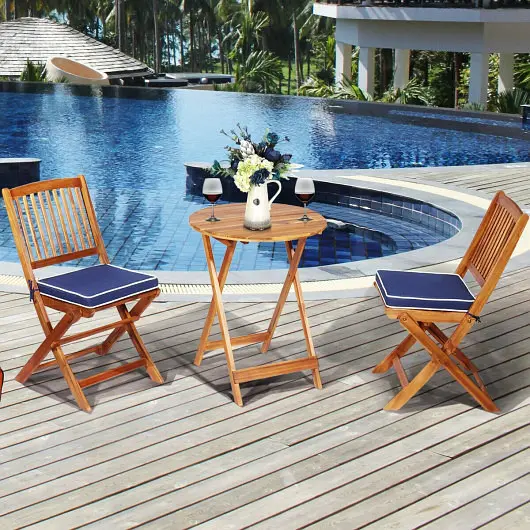Costway Recyclable 3 Items Patio Folding Bistro Set Padded Cushion and Round Coffee Table, Navy, HW65875NY