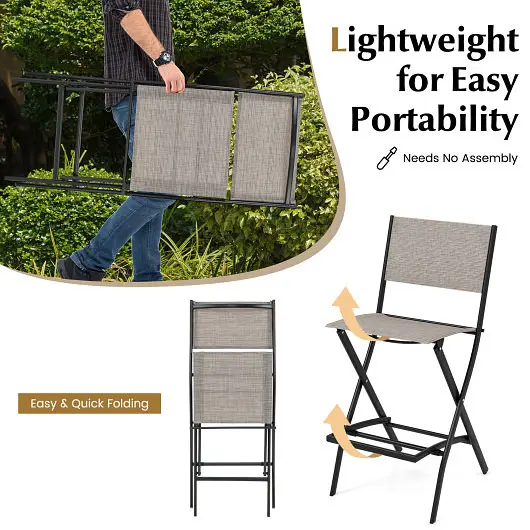 Costway Reflective Outdoor Folding Bar Height Stool Set 4 Metal Frame and Footrest, Coffee, NP11341CF-4