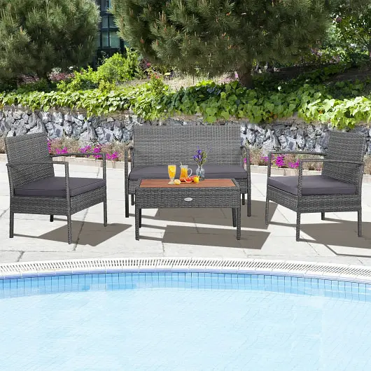 Costway Regular 4 Pieces Rattan Patio Conversation Furniture Set Acacia Wood Tabletop, HW68940
