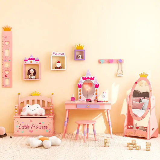 Costway Reinforced 2--1 Kids Princess Wooden Toy Box Secure Hinged Lid, Pink, HY10098PI