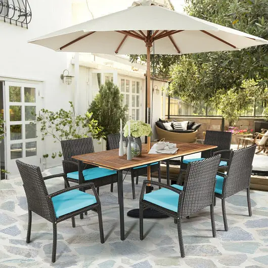 Costway Reliable 7 Each Patio Rattan Cushioned Dining Set Umbrella Hole, Turquoise, HW65409ATU+