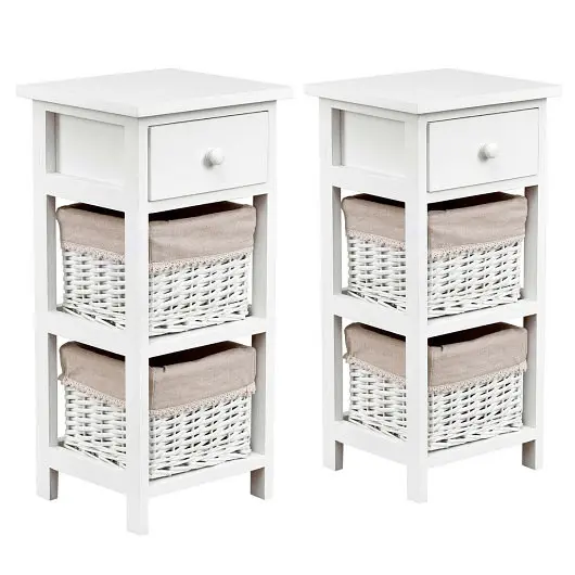 Costway Reliable 2 Pieces Bedroom Bedside End Table Drawer Binquireets, Ivory, HW65976WH-2