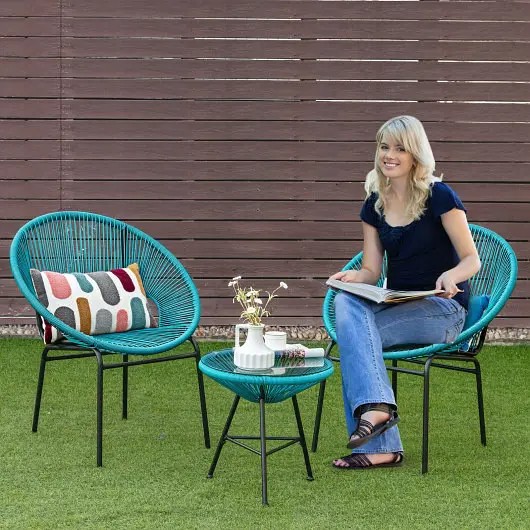 Costway Reliable 3 Pieces Patio Acapulco Furniture Bistro Set Glass Table, Turquoise, HW66981GN