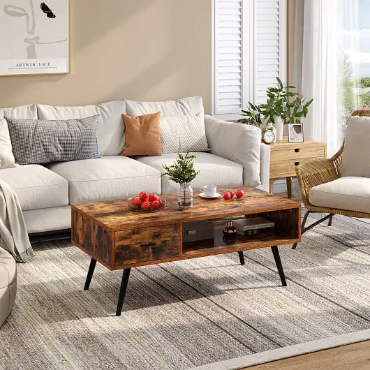Costway Robust Retro Rectangular Coffee Table Drawer and Storage Shelf, Rustic Brown, HW64407CF