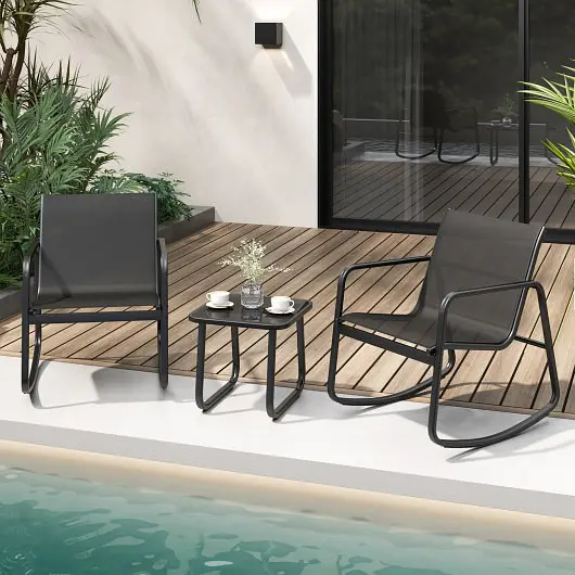 Costway 2 Rocking Bistro Chairs and Glass-Top Table Porch Yard Balcony, Carbon Black, NP11538DK