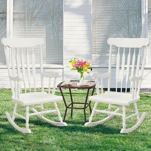 Costway Rocking Chair Solid Wooden Frame Garden and Patio, White, HW64492WH