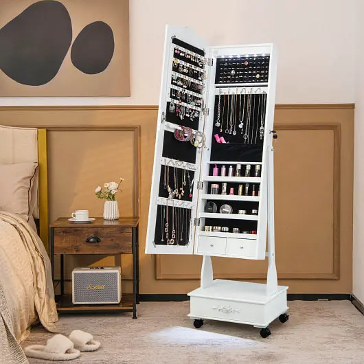 Costway Rolling Floor Standing Mirrored Jewelry Armoire Lock and Drawers, White, JV10584WH