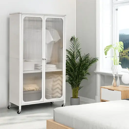 Costway Rolling Storage Armoire Closet Hanging Rod and Adjustable Shelf, Bright White, HU10441WH