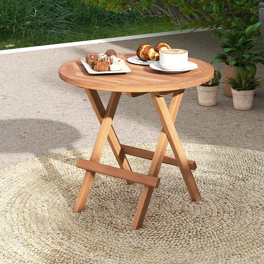 Costway Round Patio Folding Coffee Table Teak Wood Slatted Tabletop, OP71250