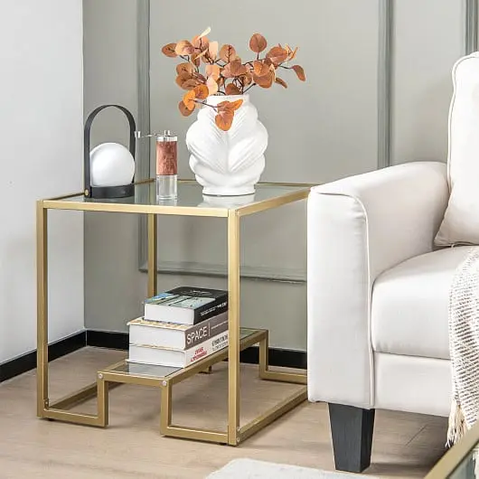 Costway Safe 22 Inch 2-Tier Square Sofa Side Table Tempered Glass Tabletop, Bronze, HV10352GD