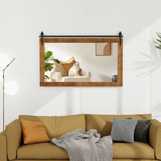 Costway Safe 40 Inch x 26 Inch Rectangle Barn Door Style Wall Mounted Mirror Solid Wood Frame and Metal Bracket, Beige, HZ...