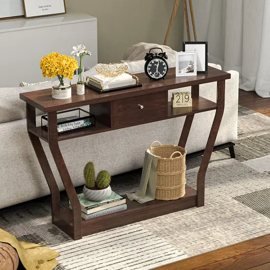 Costway Safe Modern Sofa Accent Table Drawer, Brown, HW60291CF