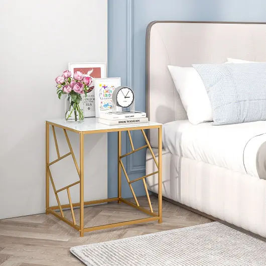 Costway Safety Square End Table Tempered Glass Tabletop and Gold Finish Geometric Frame, Golden, JV11205WH