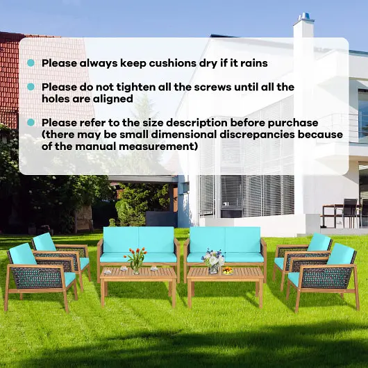 Costway Scratch-Resistant 4 Pieces Patio Rattan Furniture Set Removable Cushions, Turquoise, HW69144TU+
