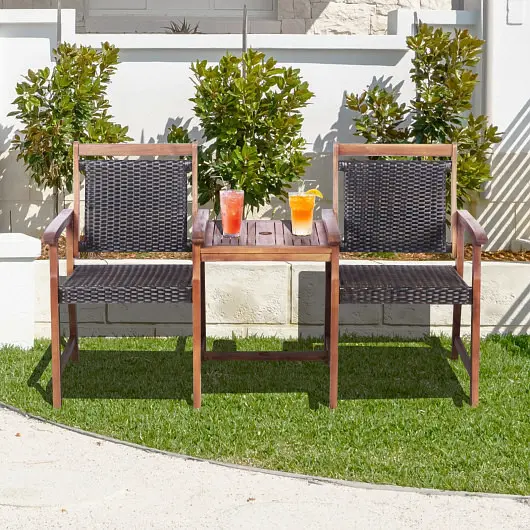 Costway 2, Seat Patio Rattan Acacia Wood Chair Coffee Table, HW67675
