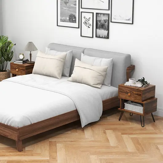 Costway Set 2 2-Tier Irregular Wooden Nightstands Elevated Metal Feet, Walnut, JV10921BN-2