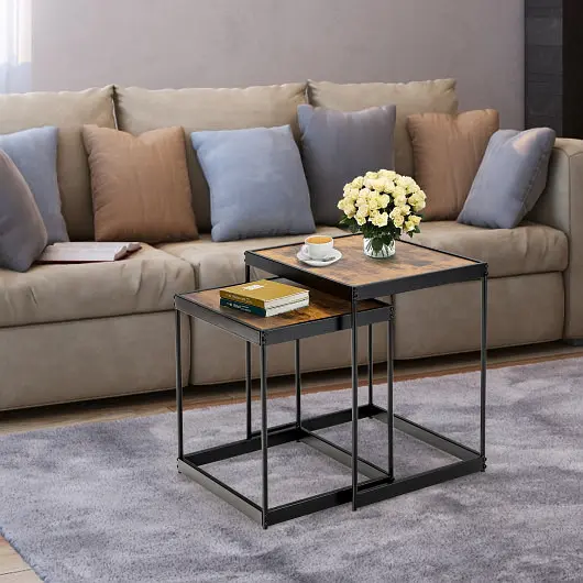 Costway Set 2 Modern Nesting End Tables Metal Legs Living Room, Rustic Tan, JV10348CF