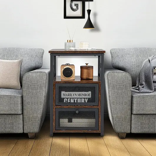 Costway Set 2 Modern Nightstand 2 Flip Drawers and Open Shelf, Rustic Beige, JV10763CF-2