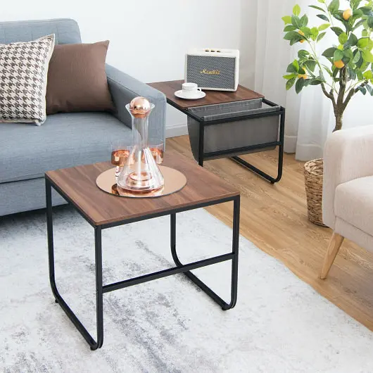 Costway Set 2 Nesting Coffee Tables Side Pocket Living Room Bedroom, Rustic Beige, JV10246CF