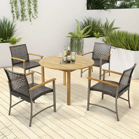 Costway Set 4 Patio Rattan Dining Chairs Acacia Wood Armrests, Set 4, HW71250-4