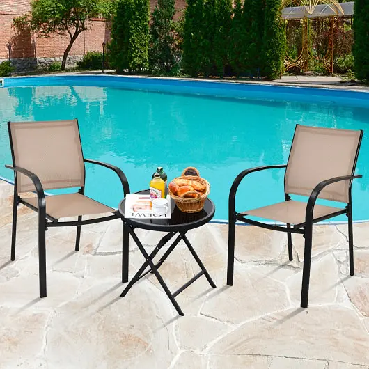 Costway Set 2 Patio Stackable Dining Chairs Armrests Garden Deck, Brown, NP10030CF-2