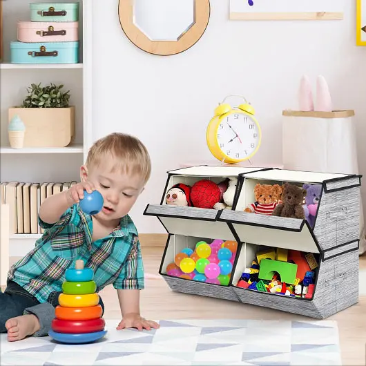 Costway Set 4 Storage Bins Stackable Cubes Lid, Onyx, HW63119BK