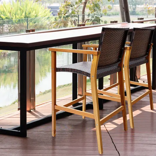 Costway Set 2 PE Wicker Patio Bar Chairs Acacia Wood Armrests, Set 2, HW71478-2