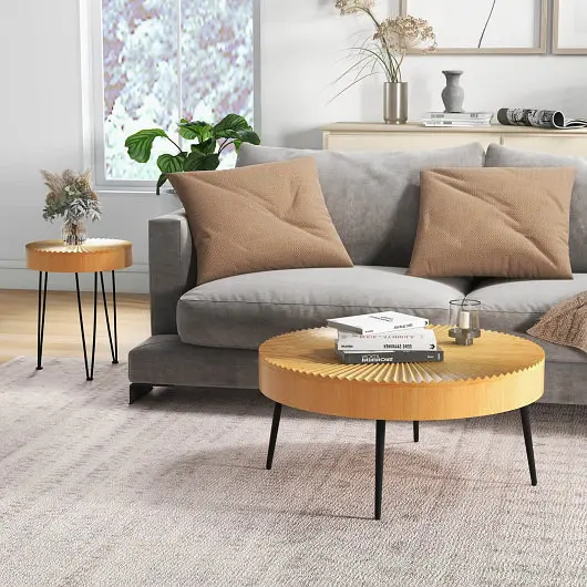 Costway 2 Set Wooden Coffee Table Metal Legs and Adjustable Foot Pads-Radial Pattern, JV10826