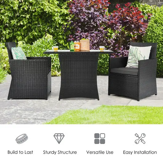 Costway Shielded 3 Pieces Patio Rattan Furniture Set Cushion and Sofa Armrest, Graphite, HW68178GR